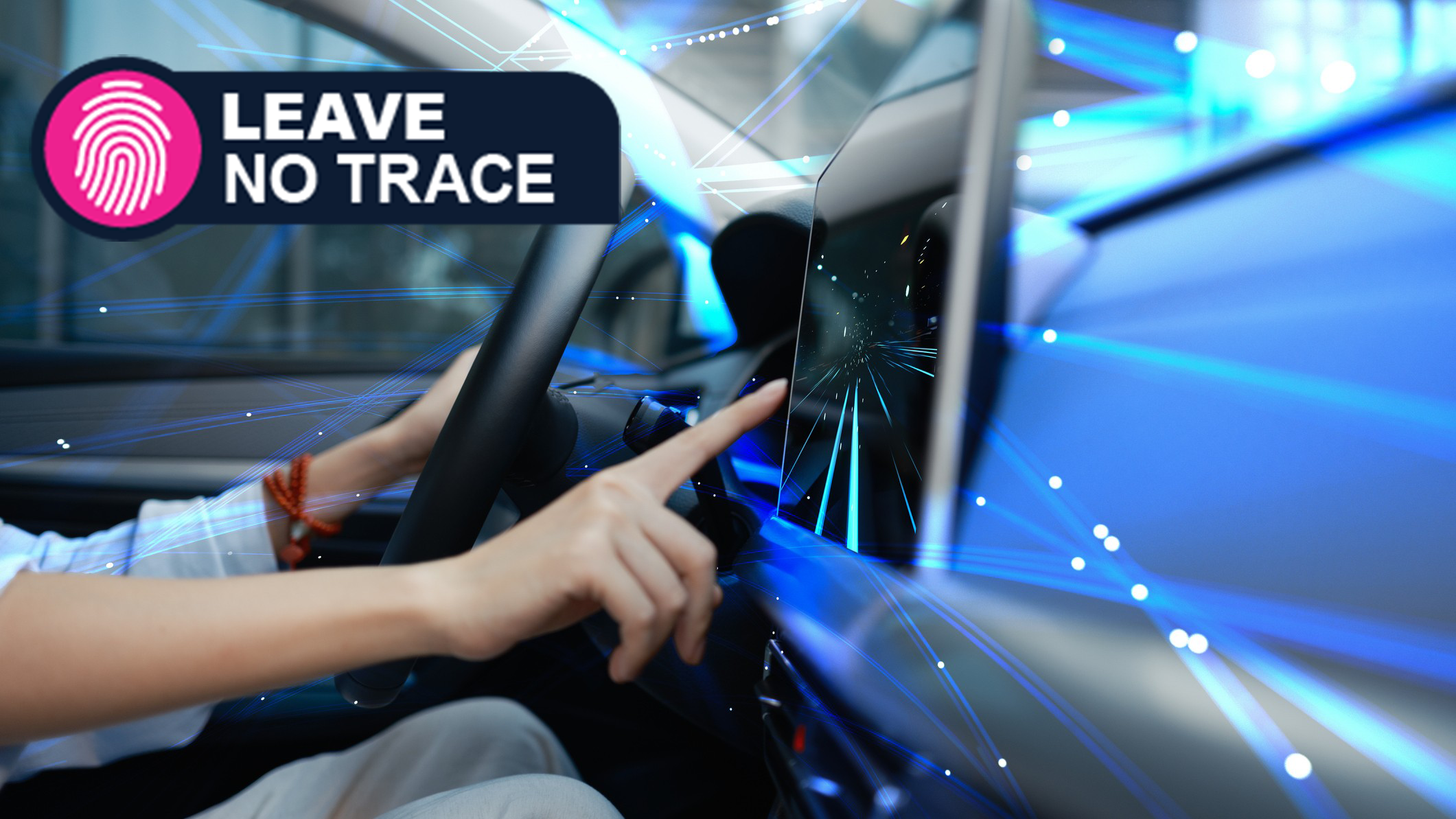 Interior of a onnected cars, with AI concept + Leave No Trace logo on top left
