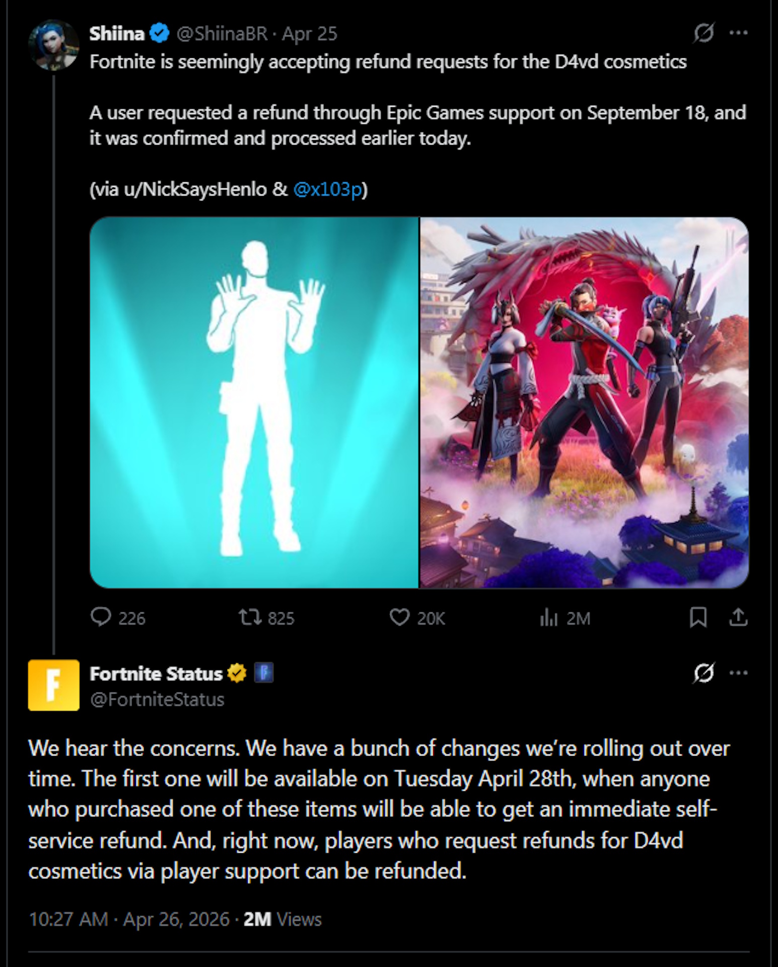 We hear the concerns. We have a bunch of changes we&amp;rsquo;re rolling out over time. The first one will be available on Tuesday April 28th, when anyone who purchased one of these items will be able to get an immediate self-service refund. And, right now, players who request refunds for D4vd cosmetics via player support can be refunded.