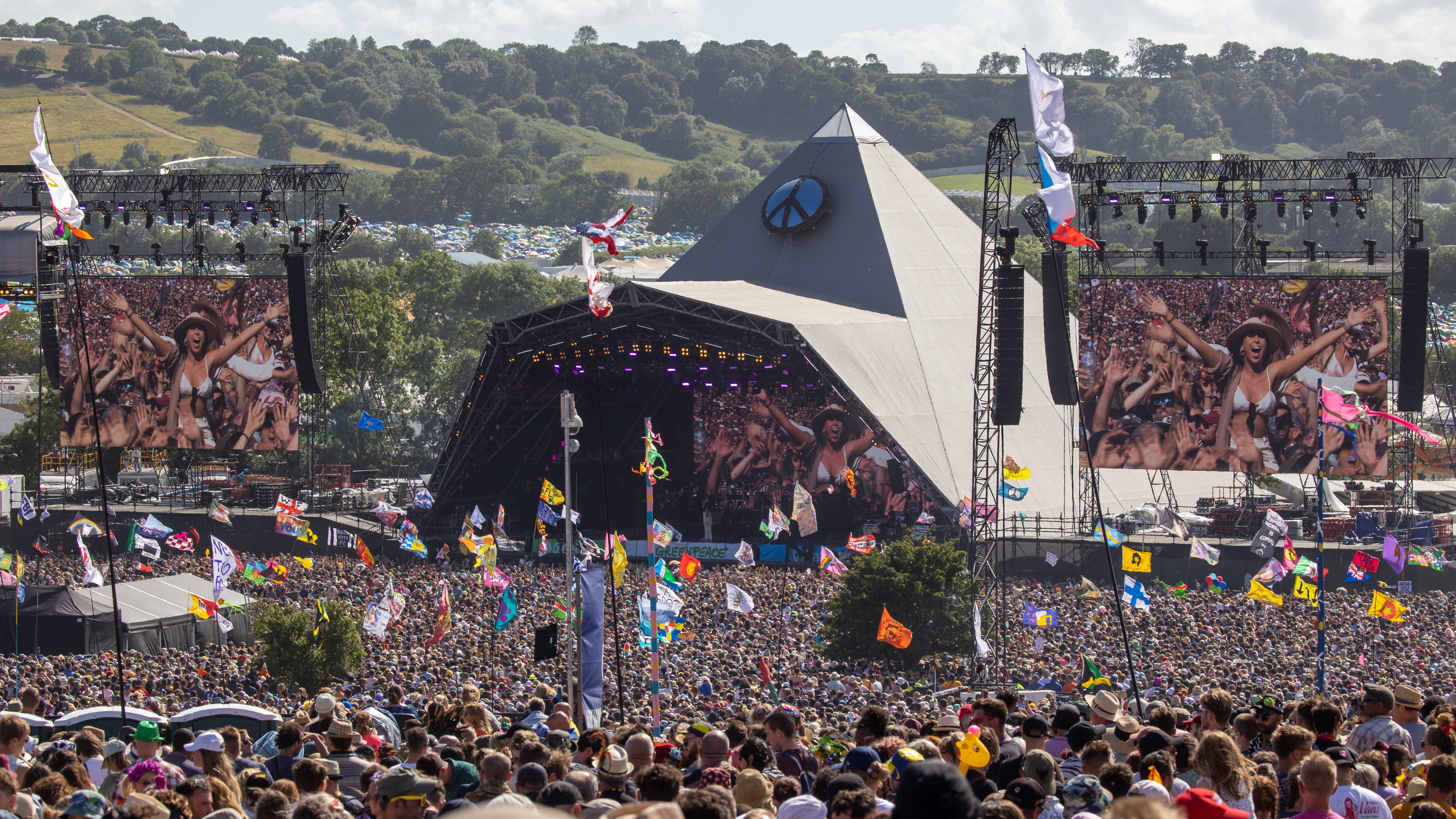 Crowds of people gather in front of the main Pyramid Stage to watch Diana Ross perform at the 2022 Glastonbury Festival during day two of Glastonbury Festival at Worthy Farm.