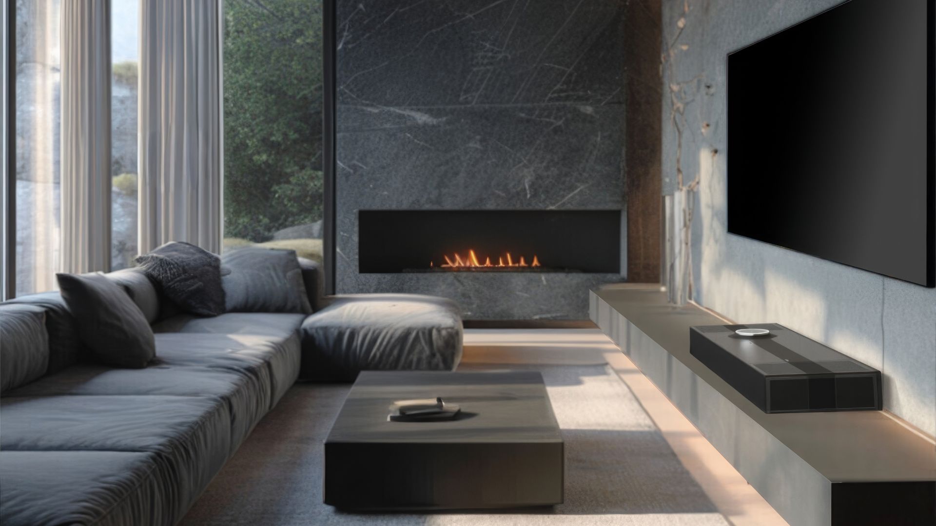 a lifestyle image of the new Hekla soundbar in an open plan living room