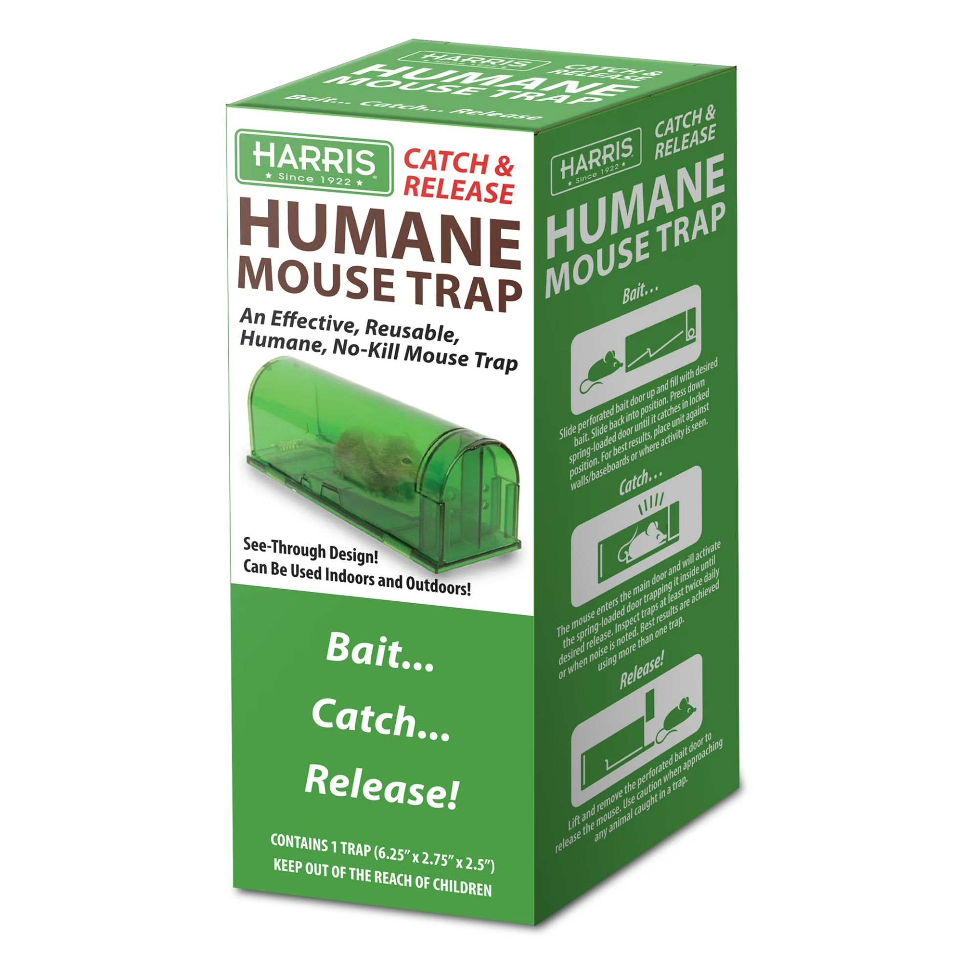 Humane mouse trap in a green and white box