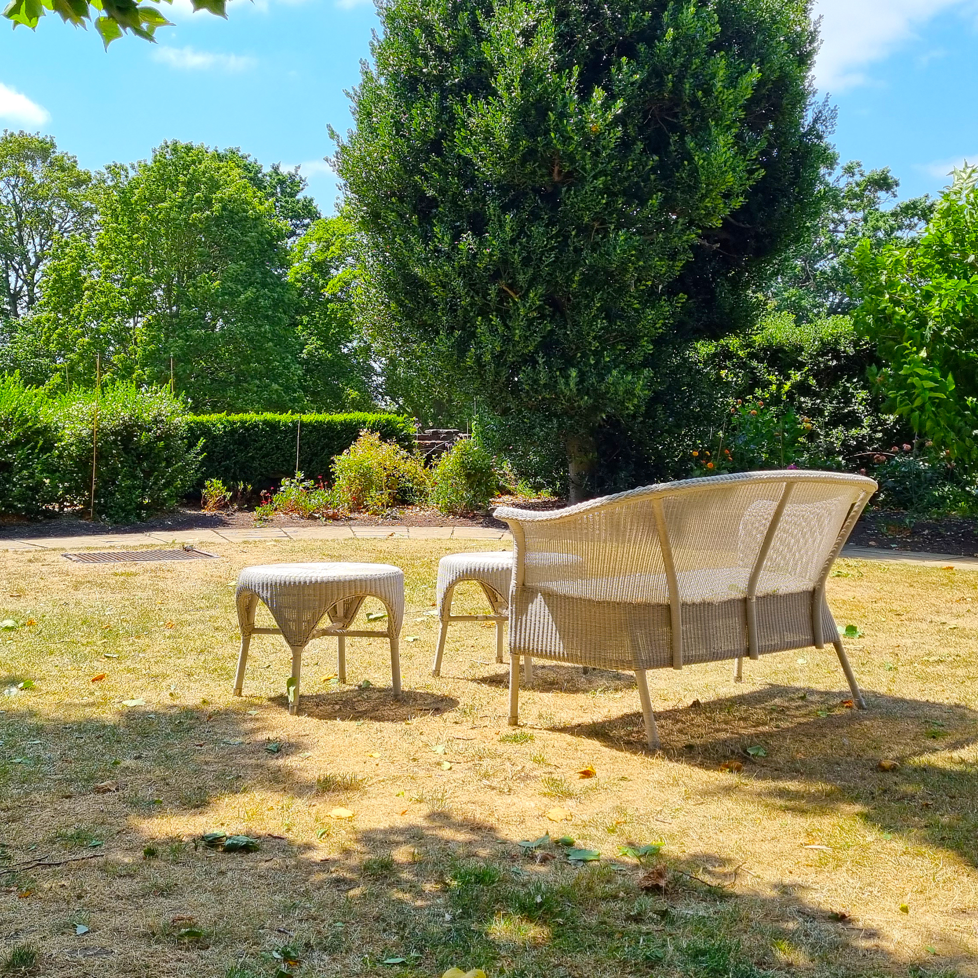 Wicker furniture, including a chair and table, sits in a garden with yellow lawn 
