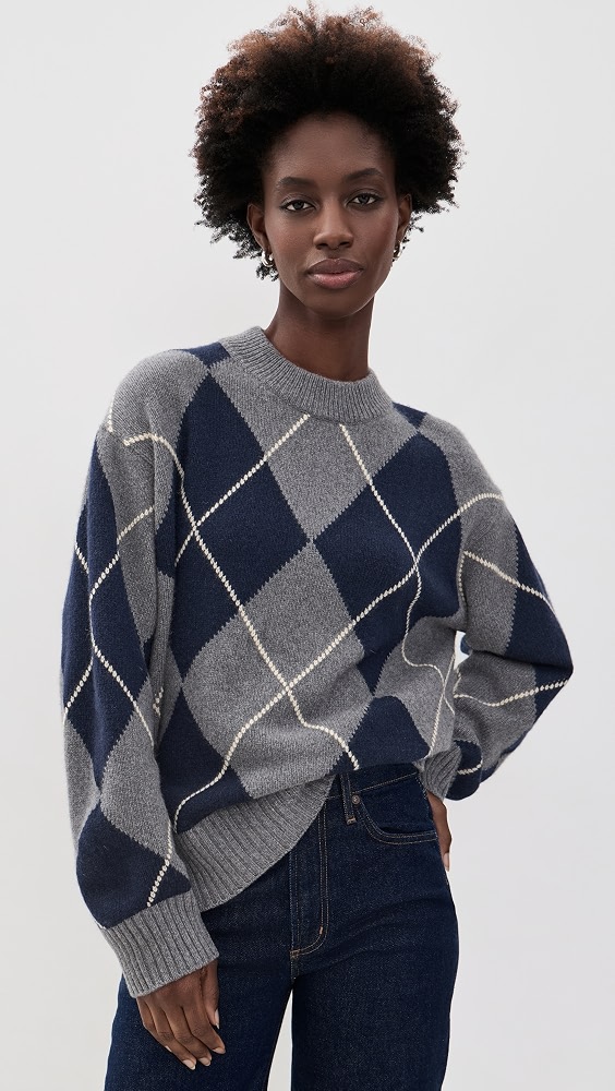 Cove Cashmere Oversized Crew Sweater - Thunder Multi Argyle