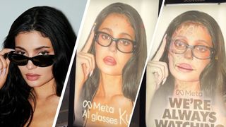 Kylie Jenner and Images of a modified Meta AI glasses advert showing the model in an optical illusion that changes her appearance
