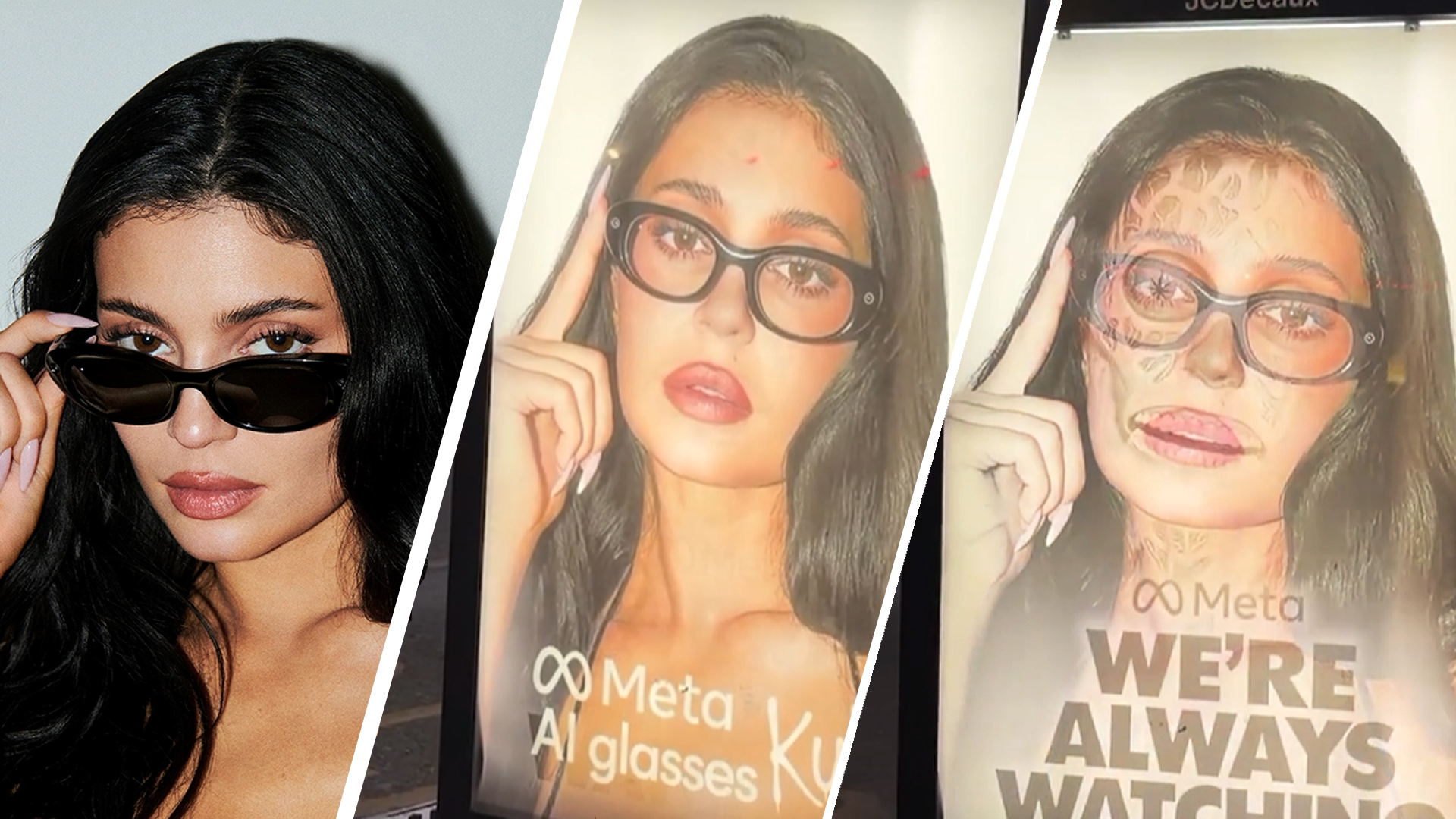 Kylie Jenner and Images of a modified Meta AI glasses advert showing the model in an optical illusion that changes her appearance