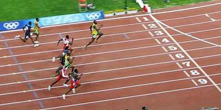 Usain Bolt winning the 100 m final 2008 Olympics.