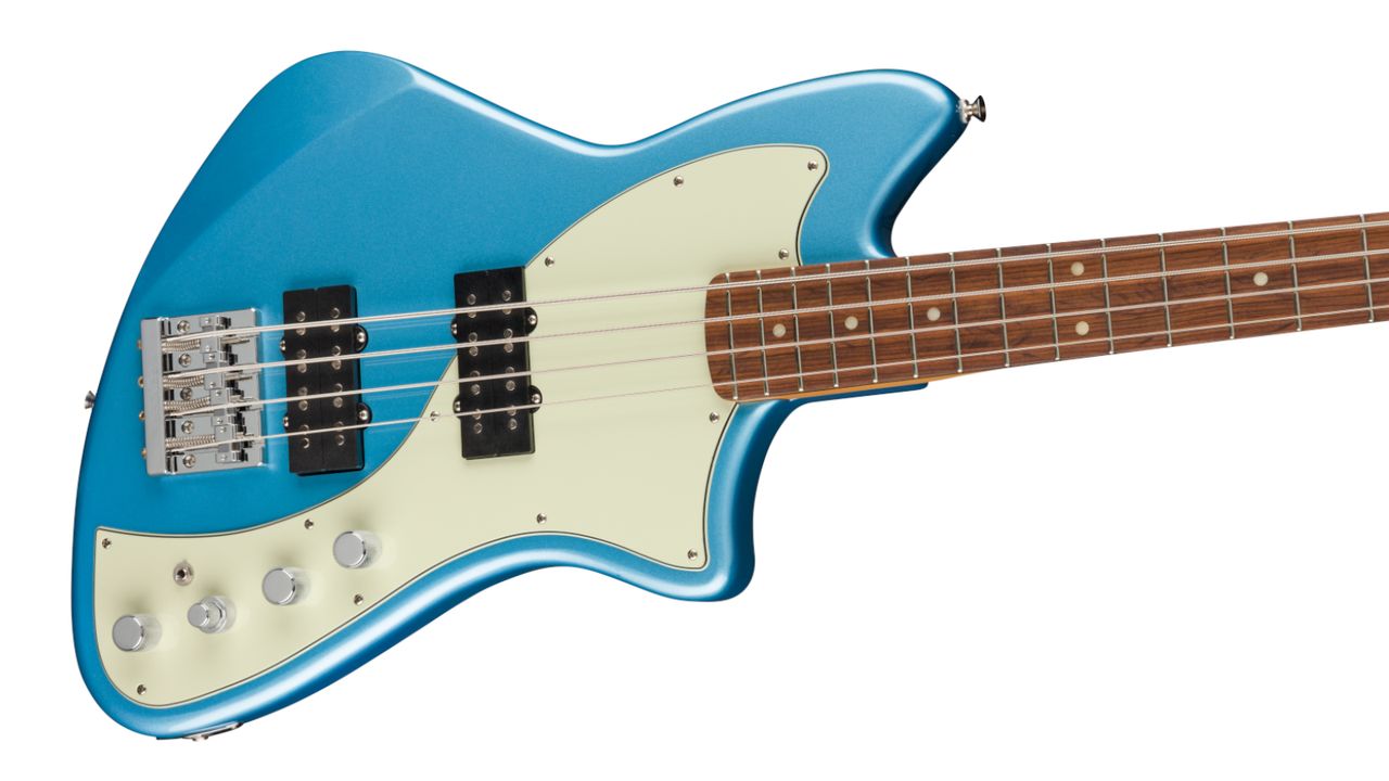 Fender Player Pus Meteora Bass in Opal Spark finish