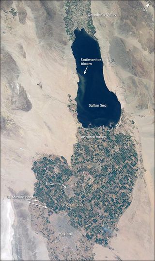 The Salton Sea at sunset. The Salton Sea is easily visible to astronauts, and here's a picture they took to prove it.