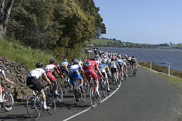 The peloton on narrow roads beside the Tamar River near Rosevears early into stage eight.