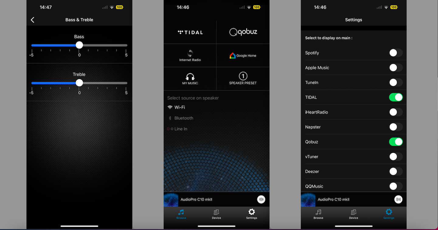 Control app screenshots for the Audio Pro Addon C10 MkII wireless speakers