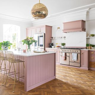 kitchen with white walls pink cabinet and microwave potted plant and microwave
