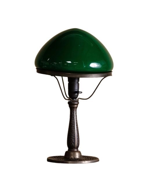 Art Deco Bronzed Steel Table Lamp with Green Glass Shade, Europe, 1940s