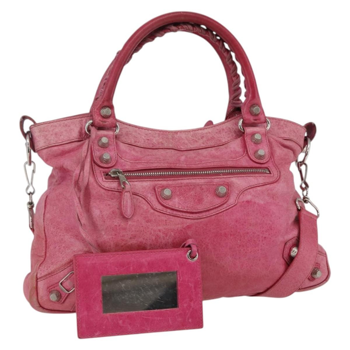 Balenciaga City Hand Bag Leather 2way Pink Silver 240578 Auth 128166