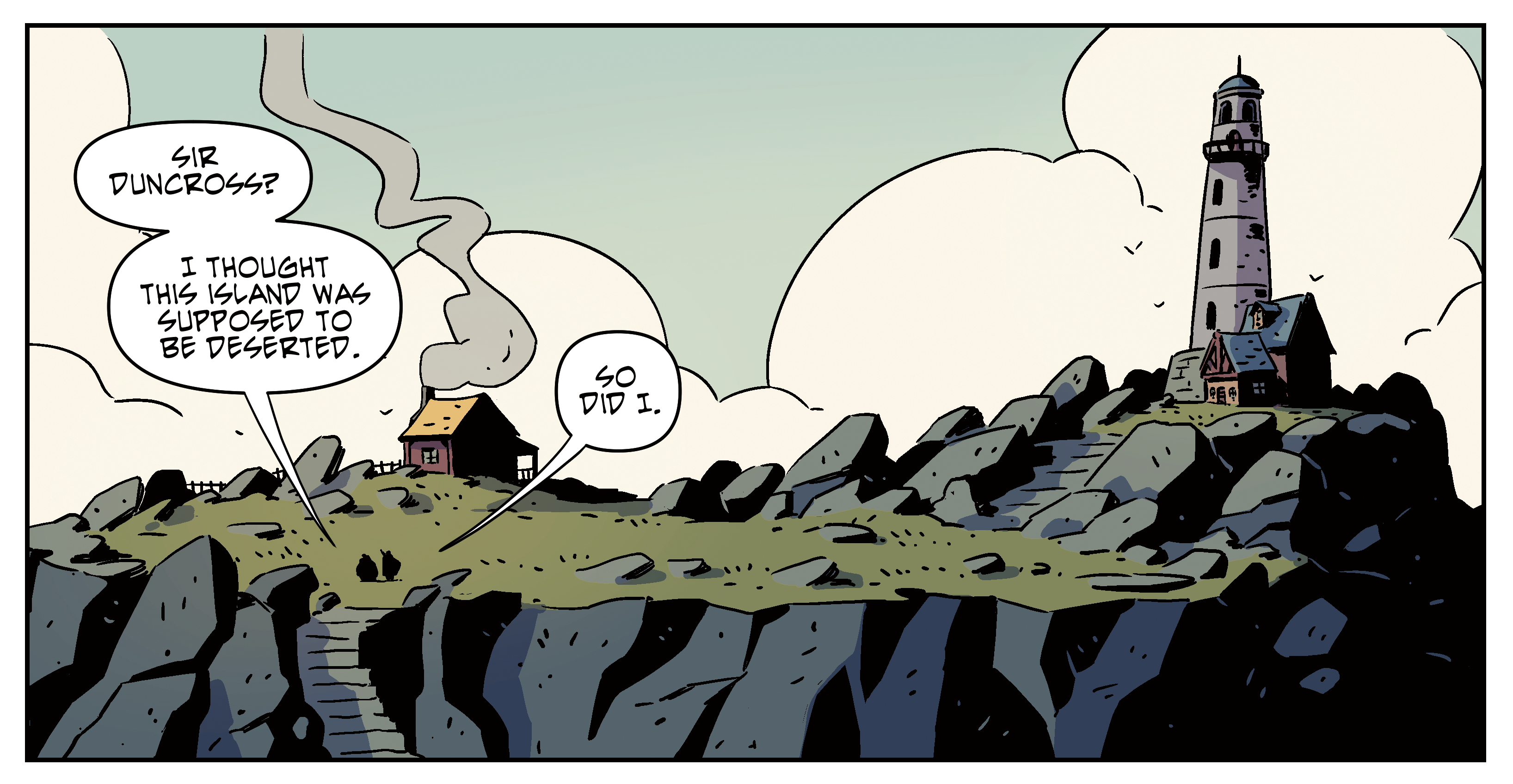 Comic art; figures on an island with a lighthouse