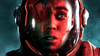 A woman looks scared, she's wearing a spacesuit