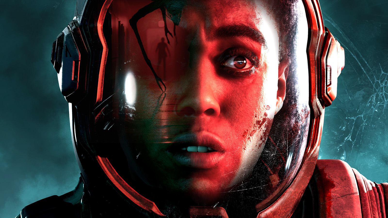 A woman looks scared, she's wearing a spacesuit