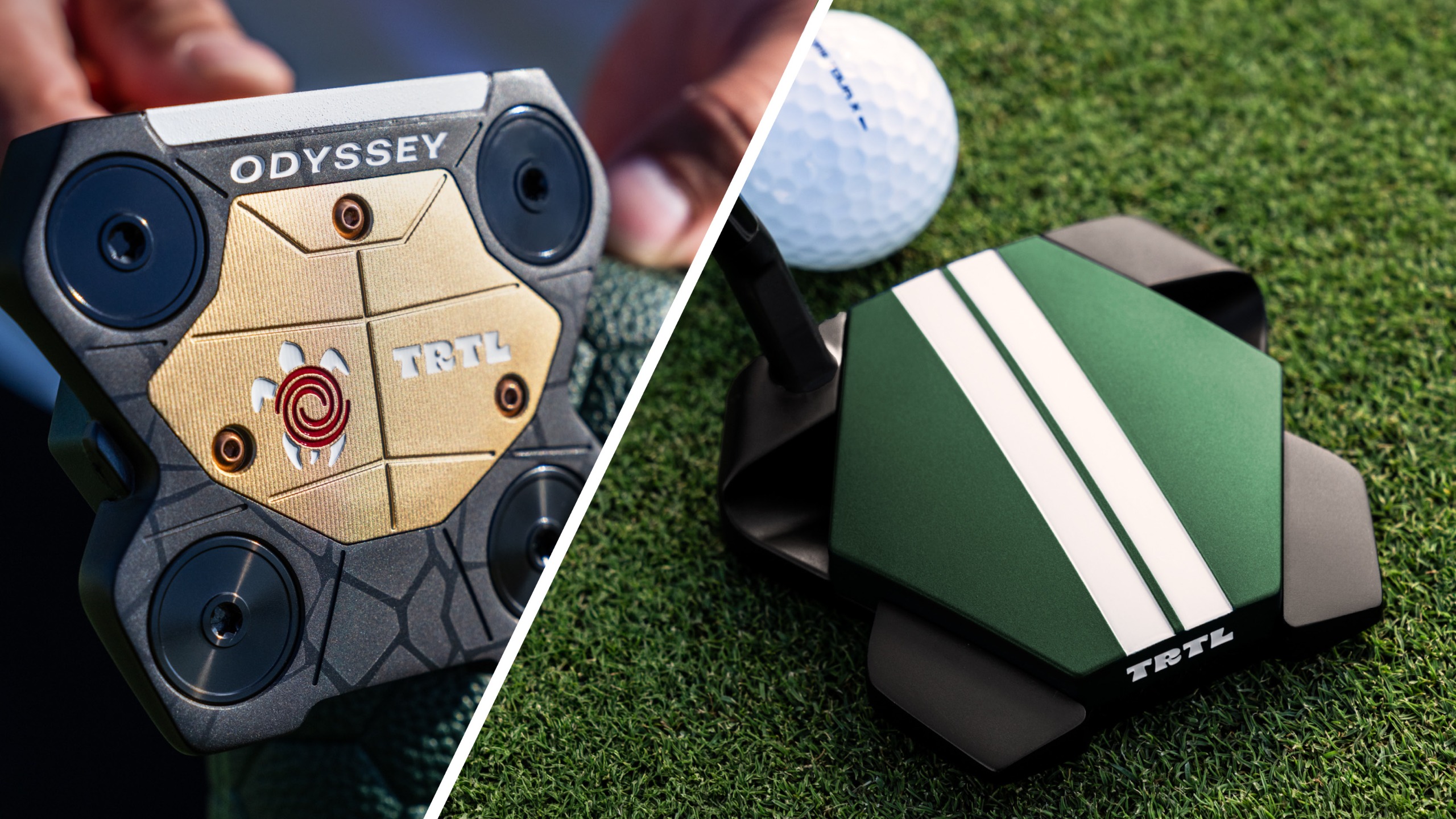 The sole of the Odyssey TRTL putter and the putter at address 