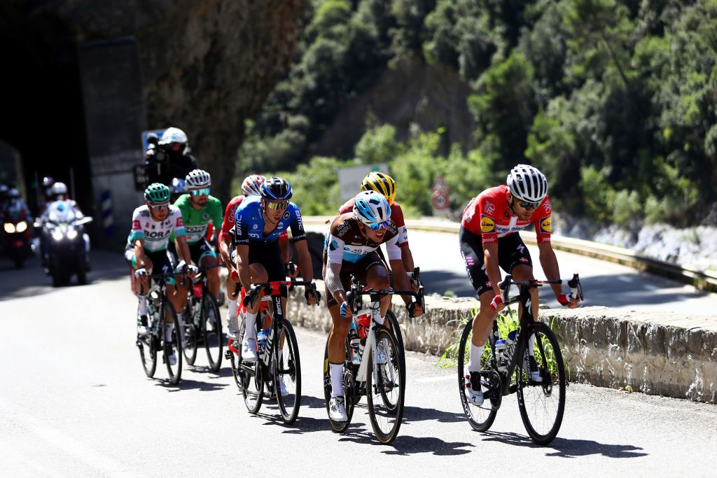 NICE FRANCE AUGUST 30 Kasper Asgreen of Denmark and Team Deceuninck QuickStep Benoit Cosnefroy of France and Team Ag2R La Mondiale Toms Skujins of Latvia and Team Trek Segafredo Michael Gogl of Austria and NTT Pro Cycling Team Peter Sagan of Slovakia and Team Bora Hansgrohe Green Points Jersey Lukas Postlberger of Austria and Team Bora Hansgrohe Anthony Perez of France and Team Cofidis Solutions Credits Breakaway during the 107th Tour de France 2020 Stage 2 a 186km stage from Nice Haut Pays to Nice TDF2020 LeTour on August 30 2020 in Nice France Photo by Michael SteeleGetty Images