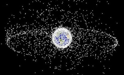A computer generated graphic illustrating the objects in Earth's orbit