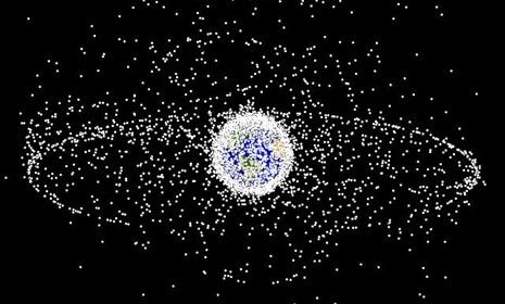 A computer generated graphic illustrating the objects in Earth&amp;#039;s orbit