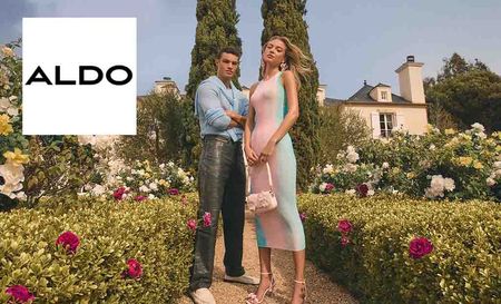 aldo logo placed over an image of a man and woman posing in a garden 