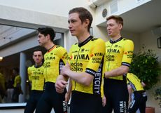 Simon Yates (1-l), Wout van Aert (2-l), Jonas Vingegaard (2-r) and Matteo Jorgenson (1-r) at the Visma-Lease a Bike 2025 team launch