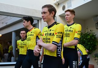 Simon Yates (1-l), Wout van Aert (2-l), Jonas Vingegaard (2-r) and Matteo Jorgenson (1-r) at the Visma-Lease a Bike 2025 team launch