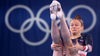 Team GB&#039;s Bryony Page spins through the air during the Olympic Trampoline event ahead of the 2024 Paris Games.