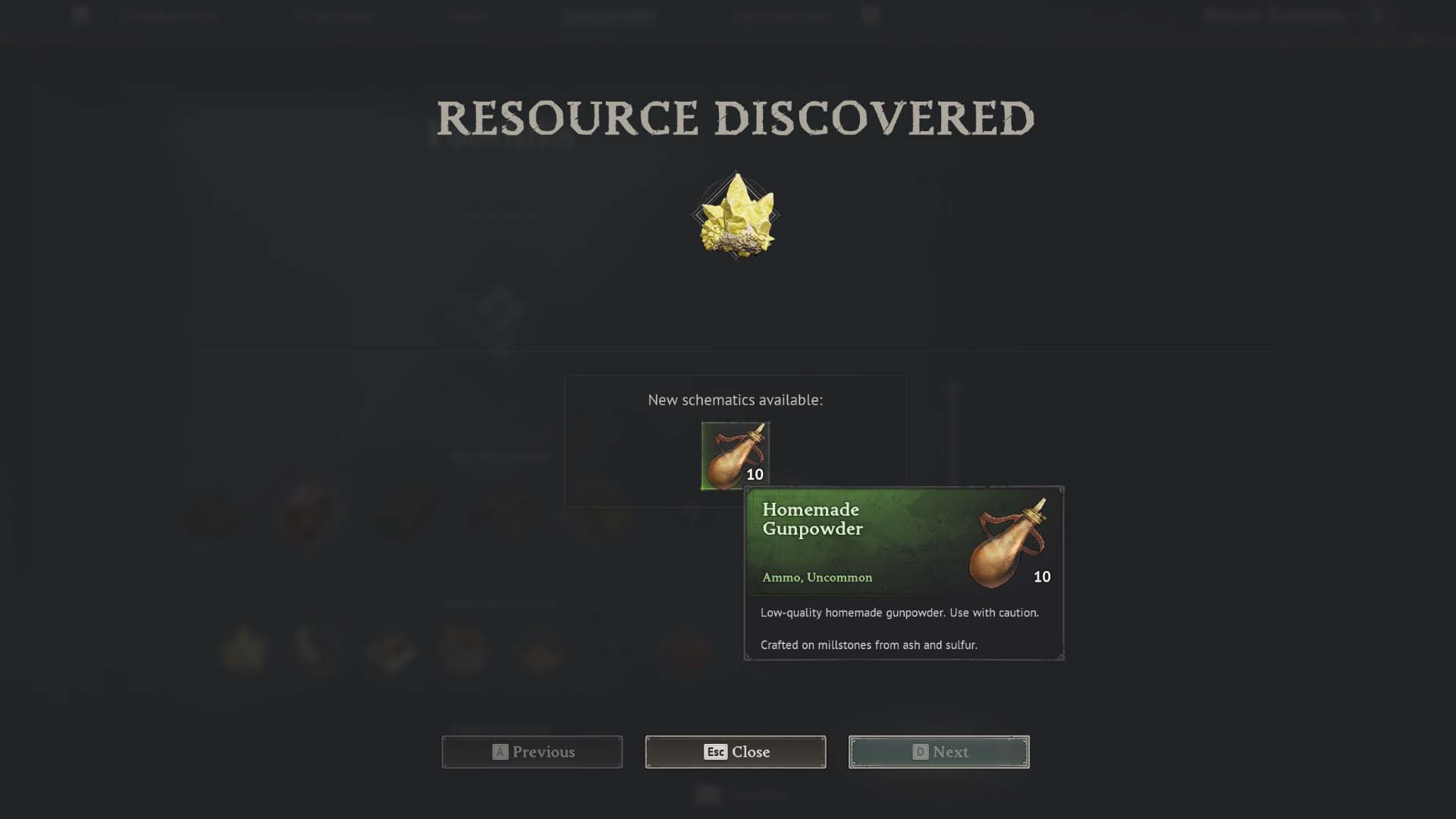 The "Resource Discovered" window in Windrose displaying sulfur as the discovery, thus unlocking the Homemade Gunpowder recipe