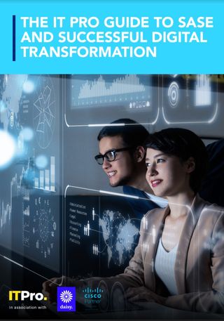 Whitepaper cover featuring a man and woman reflected by a wall of computer screens