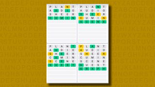 Quordle Daily Sequence answers for game 1123 on a yellow background