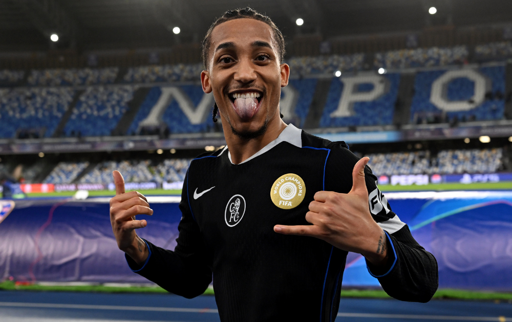 Joao Pedro of Chelsea celebrates following the team's victory in the UEFA Champions League 2025/26 League Phase MD8 match between SSC Napoli and Chelsea FC at Stadio Diego Armando Maradona on January 28, 2026 in Naples, Italy. 