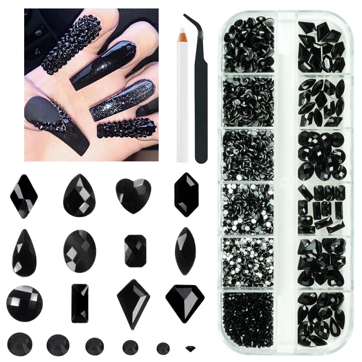 2052pcs Black Nail Art Rhinestones Kit 72 Multi Shapes Crystal Flatback Rhinestones Gems +1980 Jet Black Round Beads Glass Stones Diamonds Jewels W Tweezer &amp;amp; Wax Pen for Nail Faces Eyes Makeup Crafts