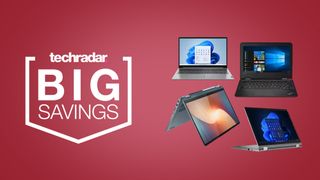 Selection of Lenovo laptops from the Presidents' Day sale on a red background