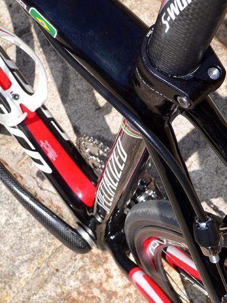 The Tarmac SL2 seat tube transitions from round to square down at the bottom bracket shell.