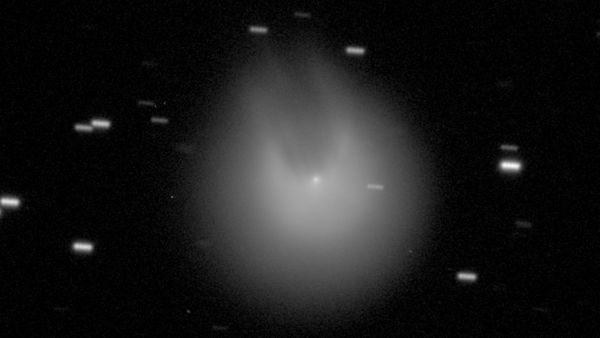 Una imagen borrosa de un cometa que parece tener dos cuernos
