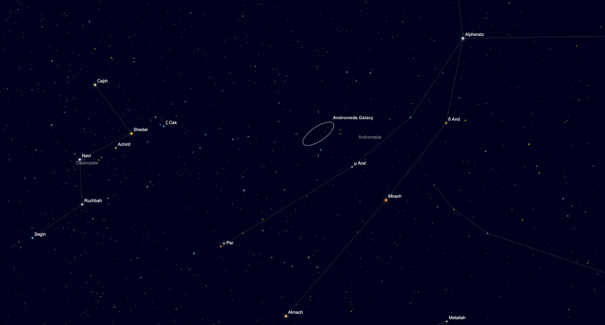 Star chart showing the location of the Andromeda Galaxy (M31) in the constellation Andromeda, near Cassiopeia.