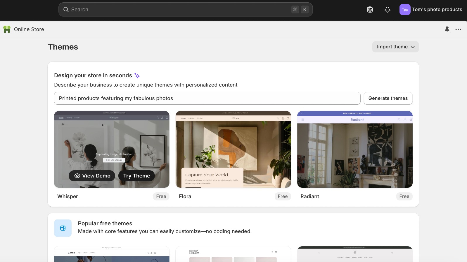 Screenshot of Shopify interface