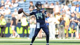 Sam Darnold of the Seattle Seahawks throws the ball before an NFL Pre-Season 2026 game.