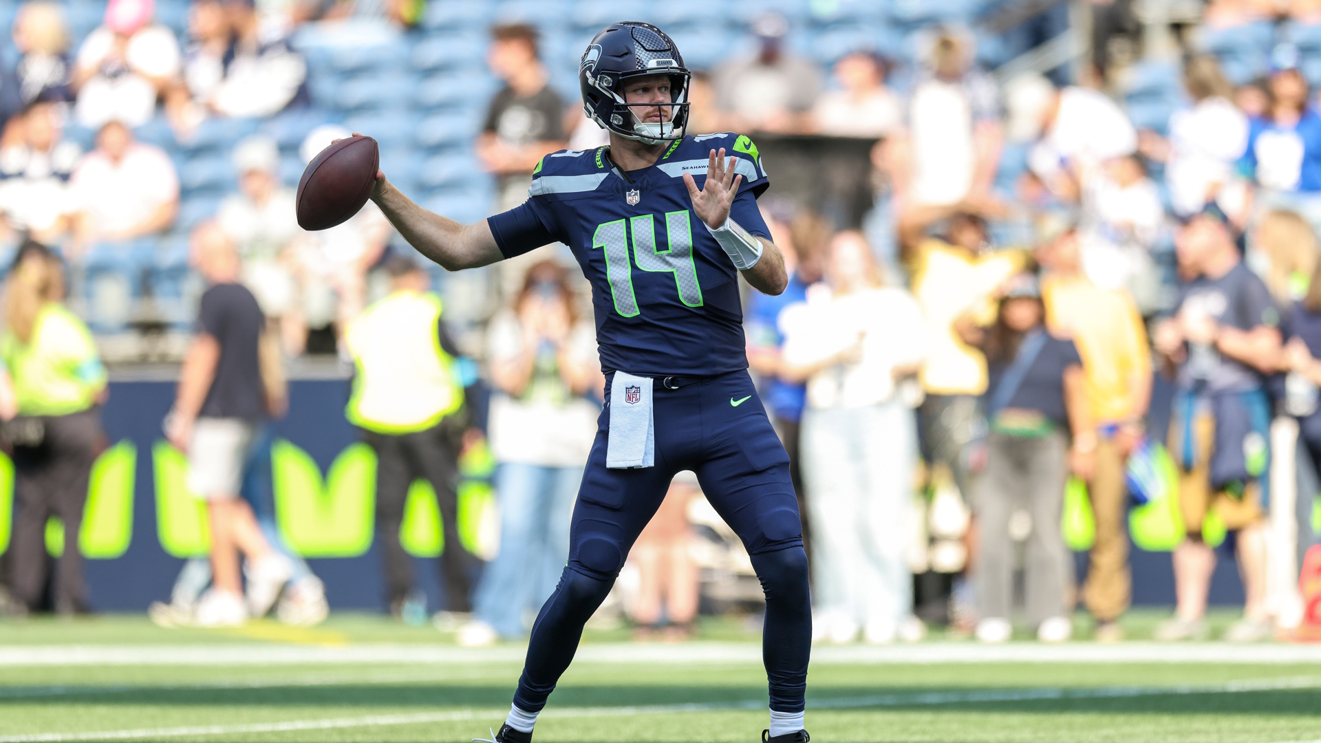 Sam Darnold of the Seattle Seahawks throws the ball before an NFL Pre-Season 2026 game.
