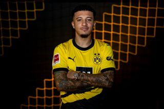 Manchester United star Jadon Sancho poses after being signed by Borussia Dortmund on loan on January 11, 2024 in Dortmund, Germany.