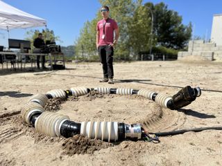a coiled robot sits in a circle in a sandy area. behind is a person standing in the distance, for scale