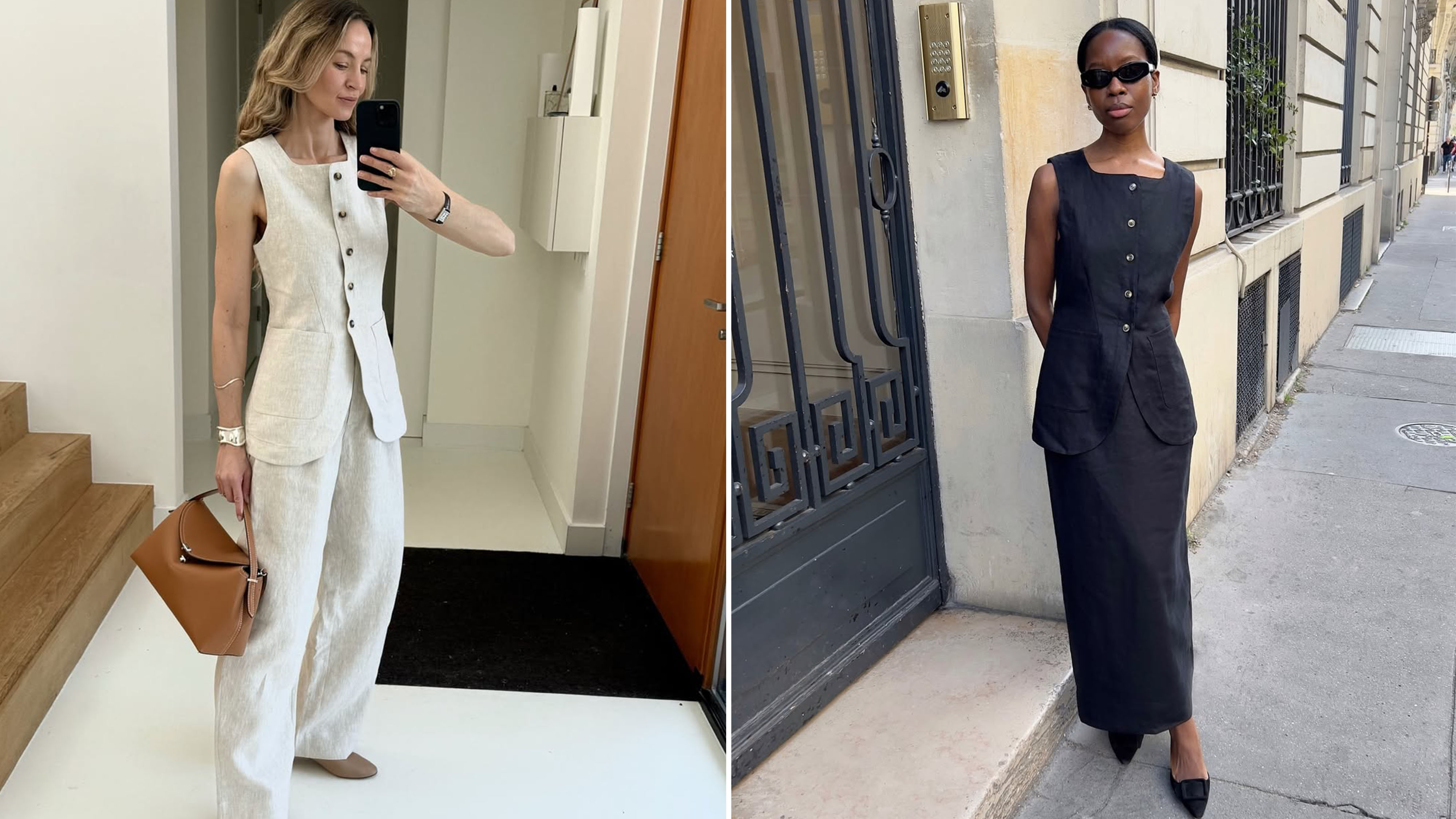 Women in matching linen sets.