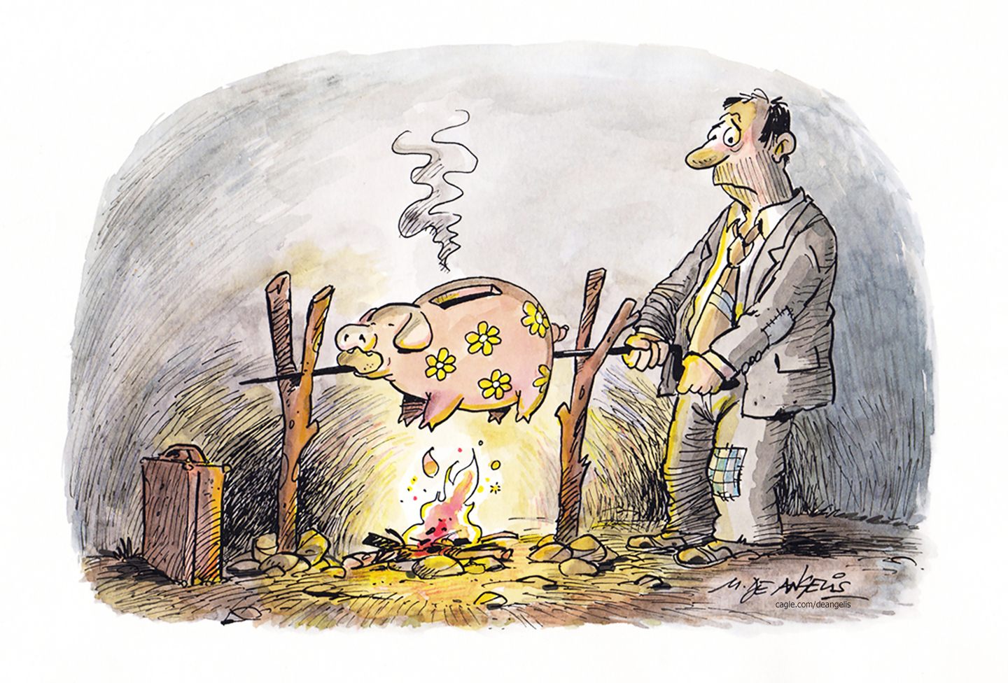 A down-on-his-luck businessman in a shabby suit cooks a pig over a fire in this cartoon. Instead of a real pig, it&amp;rsquo;s a piggy bank.