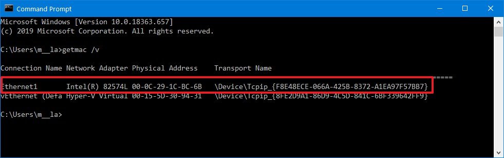 Command Prompt getmac command