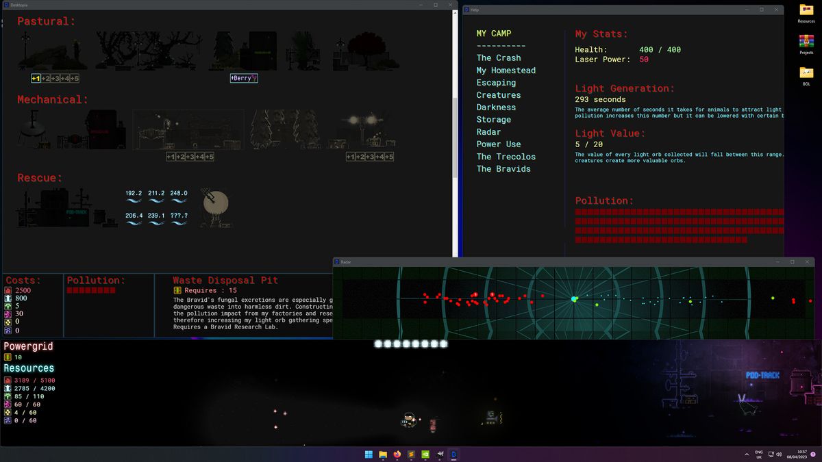 Screenshot of purple-blue cities and sci-fi screens from idler dEskape