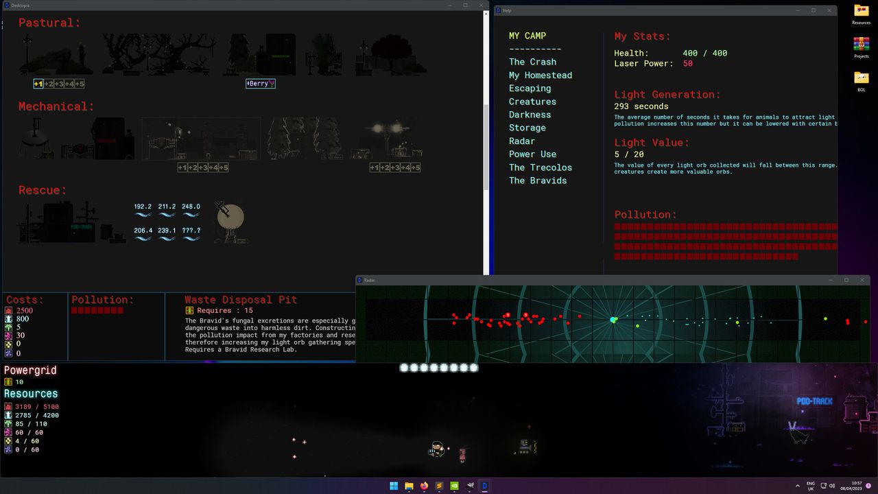Screenshot of purple-blue cities and sci-fi screens from idler dEskape