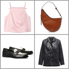 product collage of Gap Satin Square-Neck Bow Top, Tory Burch Classic Leather Loafers, Soeur Wino Bag, Rag & bone Drew Faux Leather Blazer, on white background with grey border 