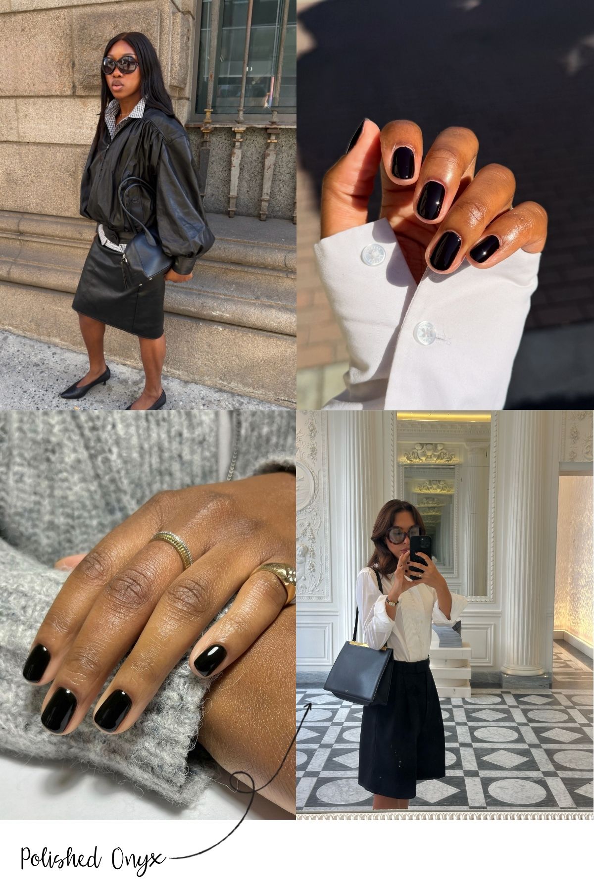A collage of fashion influencers in black outfits and two glossy black manicures