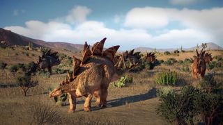 A herd of stegosaurus roaming a desert landscape